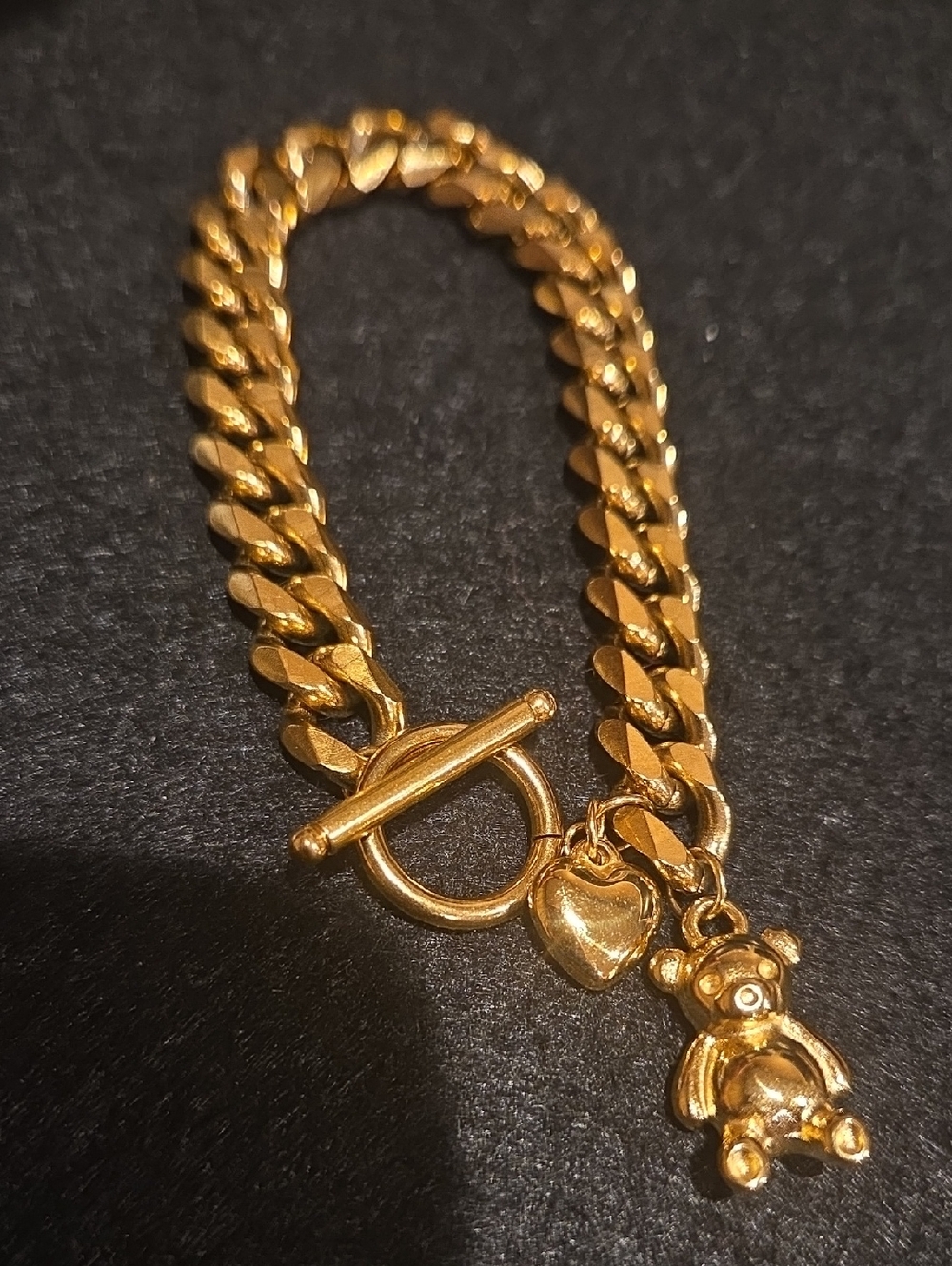 Gold Stainless Steel Chain Bracelet with Heart and Teddy Charms